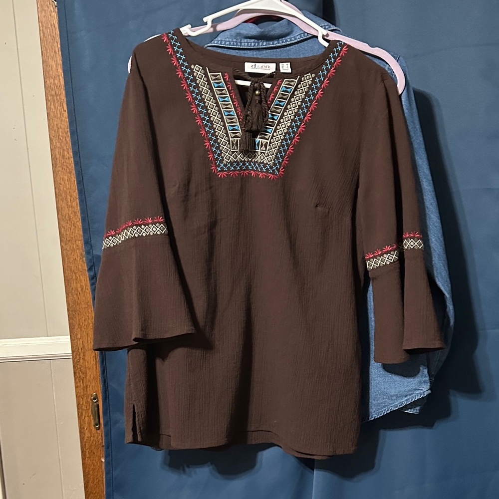 Denim&Co Brown Tunic with Colorful Embroidery